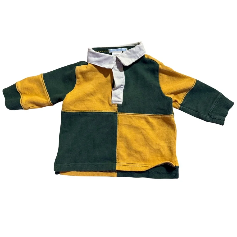 Janie and Jack Baby Boys Green Yellow Rugby Shirt and Khaki Pants Set 3-6 Months